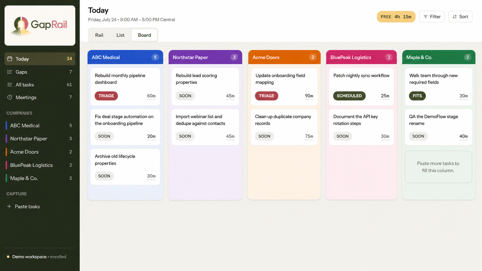 GapRail's Board view: tasks organized in columns with statuses and time estimates