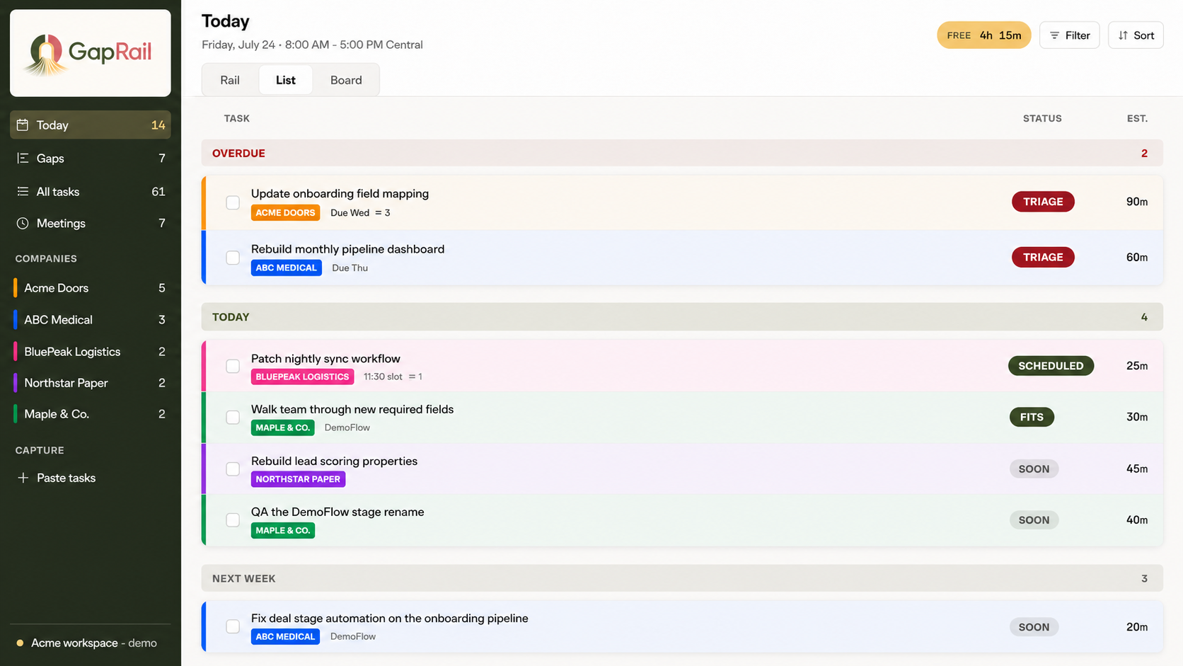 GapRail's List view: tasks grouped by Overdue, Today, and Next Week with statuses and time estimates