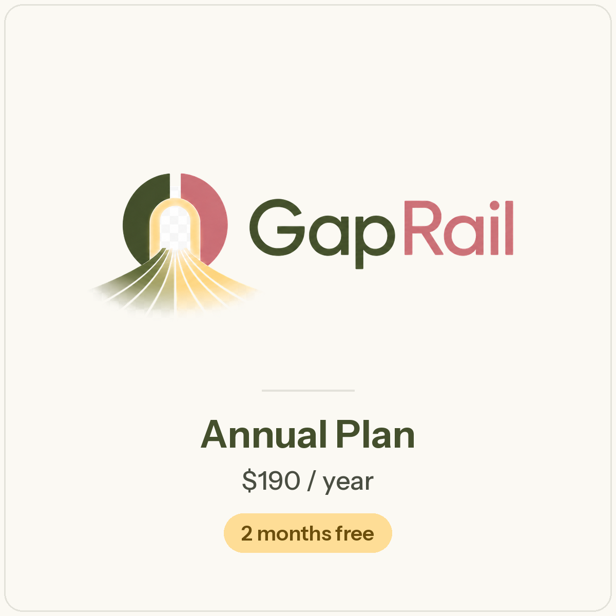 GapRail Annual Plan, $190 per year, two months free