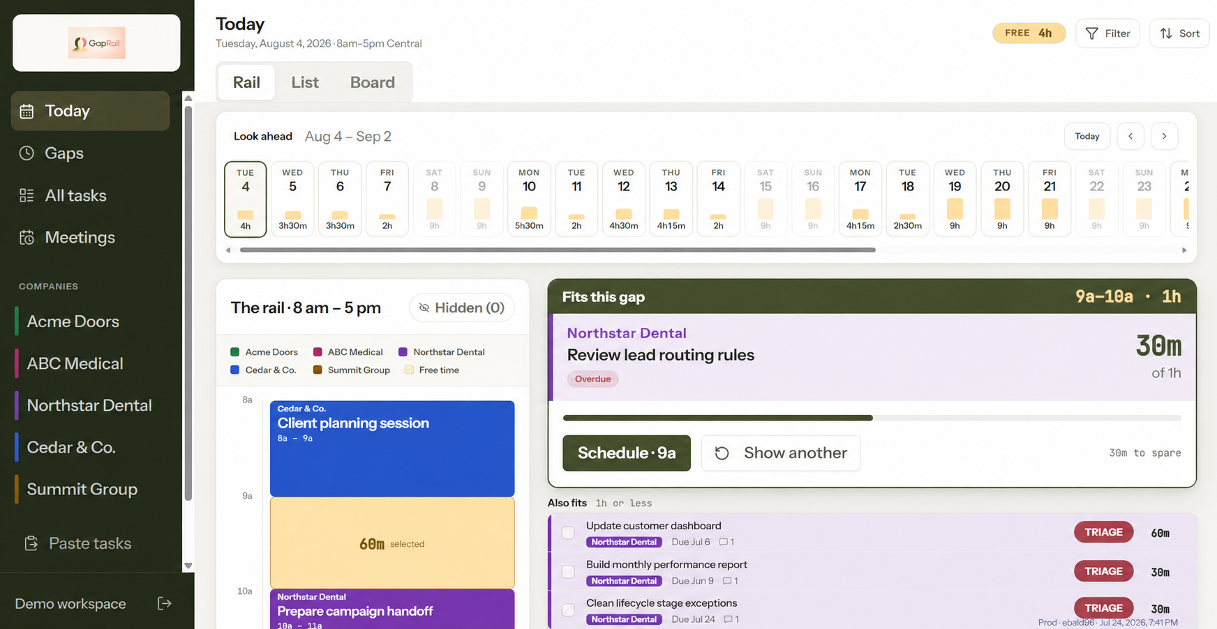 GapRail showing a practical task recommendation beside an open calendar gap